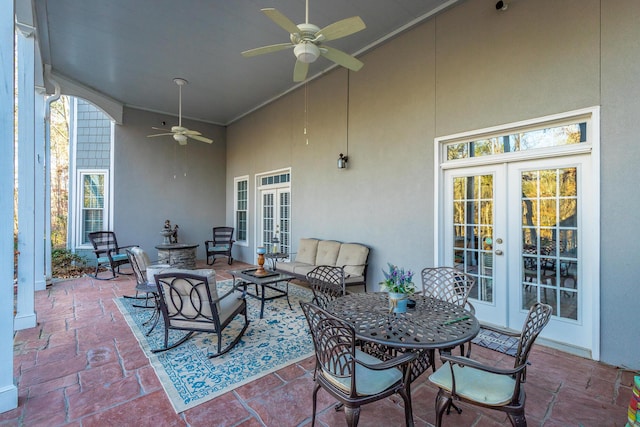 view of patio with french doors, ceiling fan, and an outdoor living space