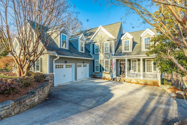 cape cod home with a garage and a porch