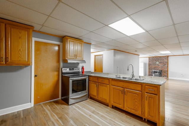 kitchen featuring sink, light hardwood / wood-style flooring, electric range, and kitchen peninsula