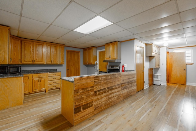 kitchen with stainless steel electric stove, light hardwood / wood-style floors, and a drop ceiling