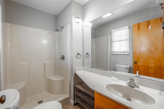 bathroom featuring vanity, a shower, and toilet