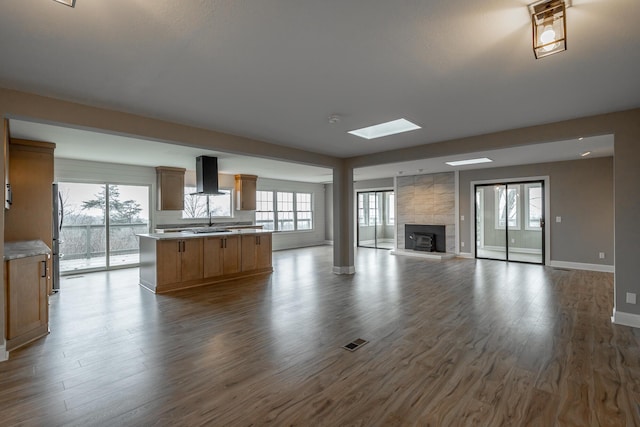 unfurnished living room with wood-type flooring, a large fireplace, sink, and a skylight