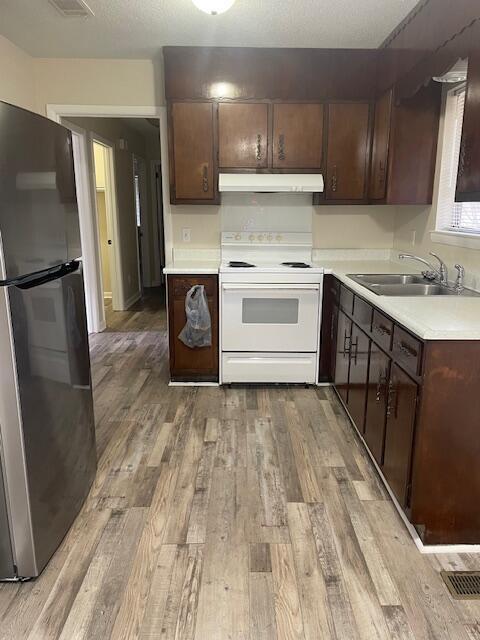 kitchen with white electric range, stainless steel refrigerator, sink, dark brown cabinets, and light wood-type flooring