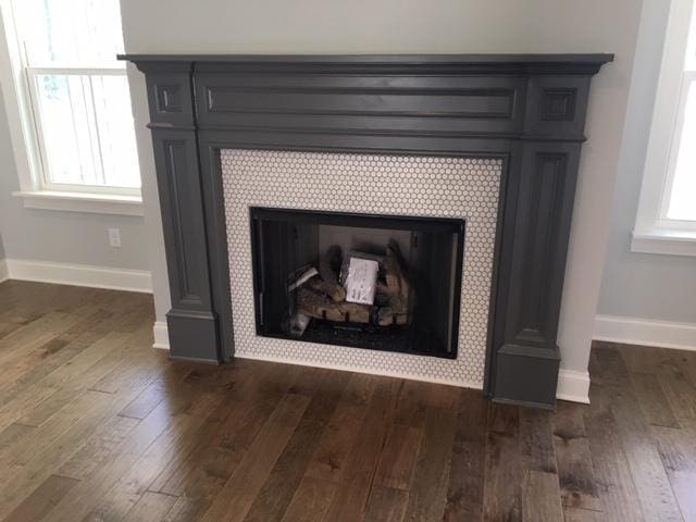 room details featuring a tiled fireplace and hardwood / wood-style floors