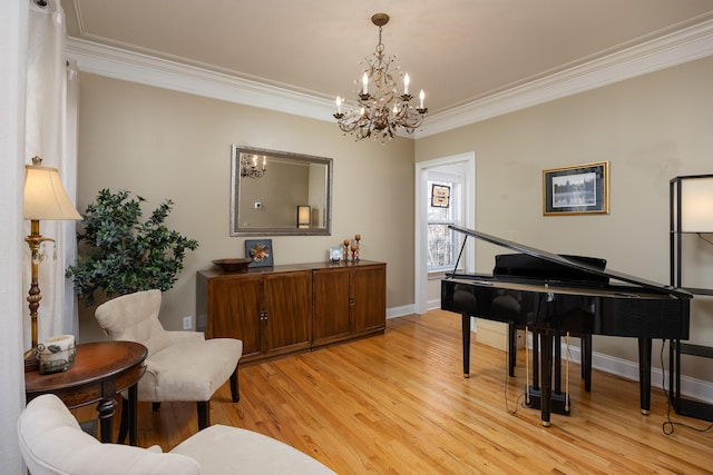 living area featuring ornamental molding and light hardwood / wood-style floors