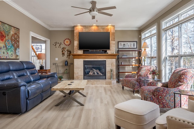 living room with ornamental molding, ceiling fan, a fireplace, and light wood-type flooring