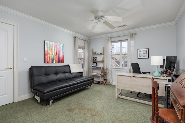 carpeted home office with crown molding and ceiling fan