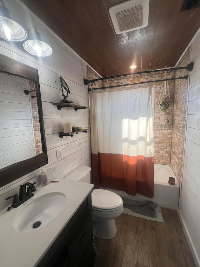 full bathroom with wood ceiling, wood-type flooring, and wood walls