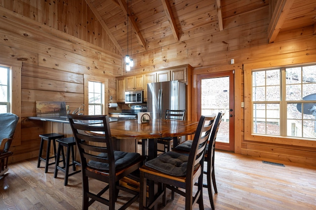 dining room featuring wood walls, plenty of natural light, light hardwood / wood-style floors, and wooden ceiling