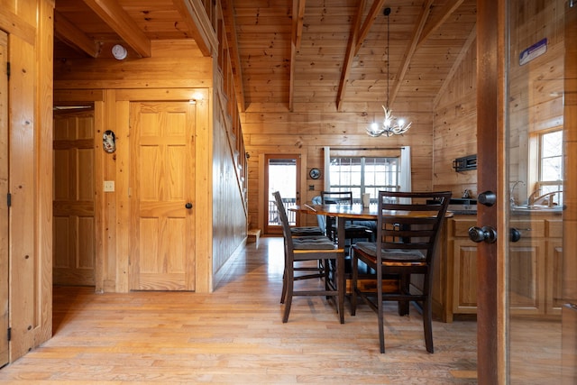 dining room featuring wooden walls, lofted ceiling with beams, light hardwood / wood-style floors, wooden ceiling, and a chandelier