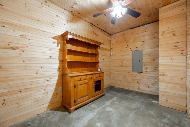 unfurnished office with ceiling fan, electric panel, wooden ceiling, and wood walls