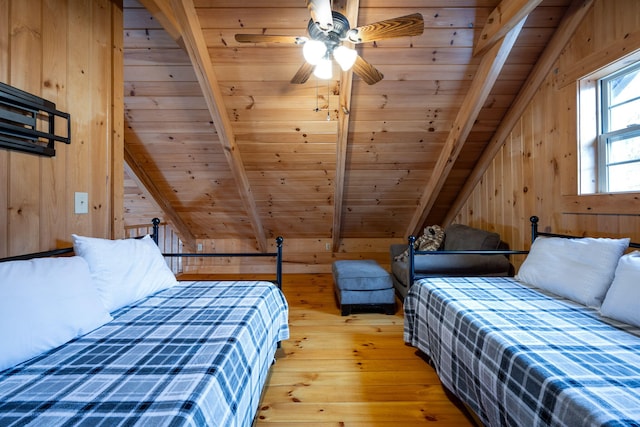 bedroom featuring hardwood / wood-style flooring, wooden ceiling, lofted ceiling with beams, and wood walls