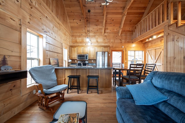 living room featuring wooden ceiling and wood walls