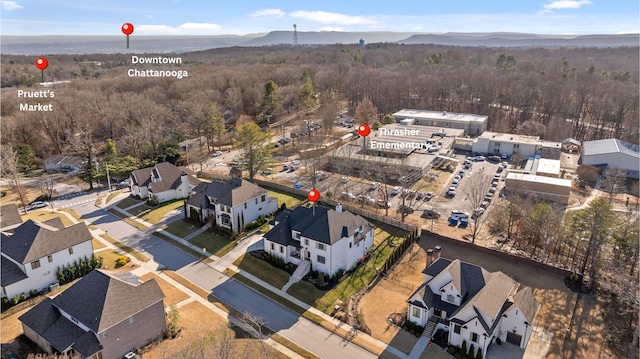 drone / aerial view featuring a mountain view