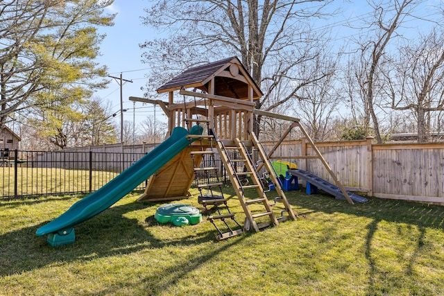 view of jungle gym with a yard