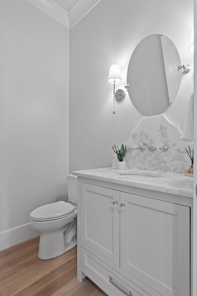 bathroom featuring vanity, wood-type flooring, and toilet