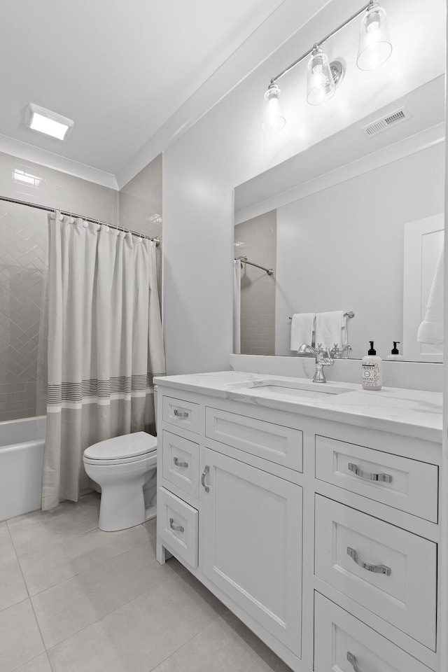 full bathroom with shower / tub combo with curtain, tile patterned flooring, vanity, toilet, and crown molding