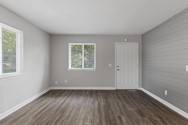 empty room featuring a healthy amount of sunlight, a textured ceiling, and wood walls