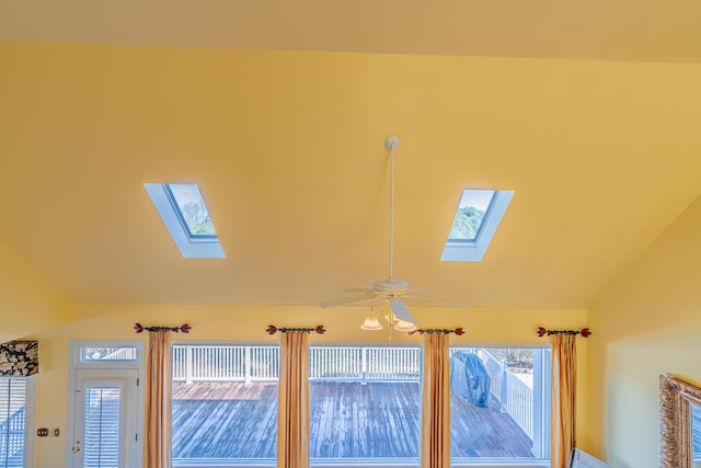 interior details featuring a skylight and ceiling fan