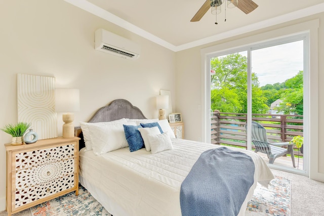 bedroom with crown molding, a wall unit AC, ceiling fan, access to exterior, and carpet