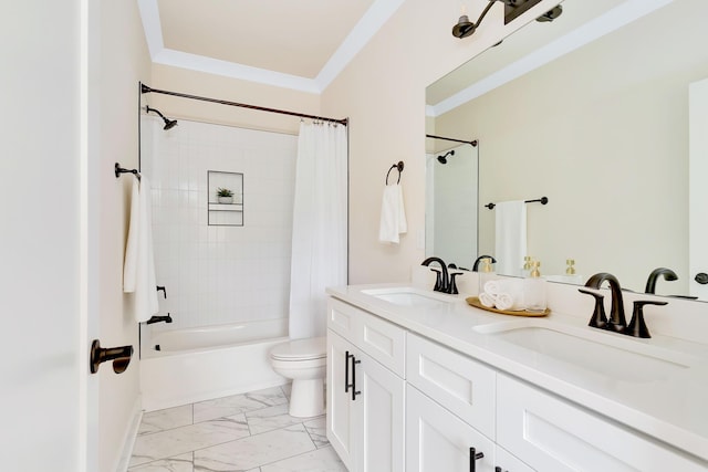 full bathroom with vanity, ornamental molding, shower / tub combo, and toilet