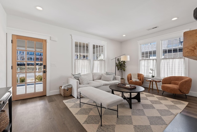 living room with dark wood-type flooring