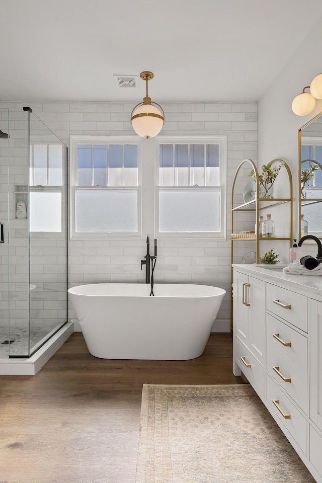 bathroom with vanity and separate shower and tub