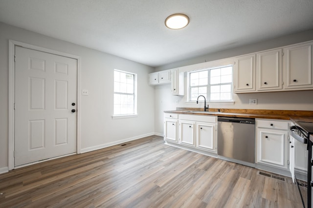 kitchen with white cabinets, wooden counters, sink, and dishwasher