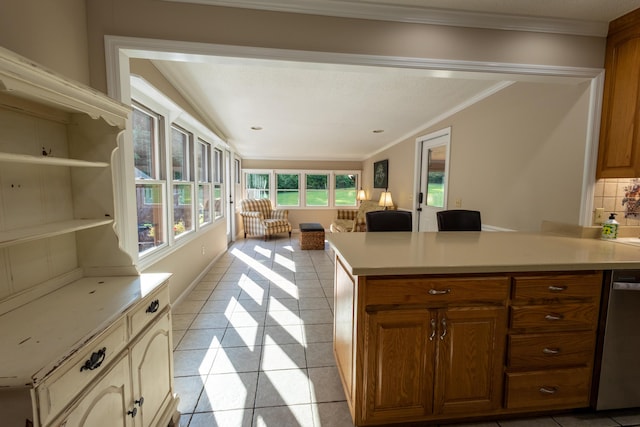 446 Jamestown Rd, Menlo, GA 30731 - kitchen featuring tasteful backsplash, dishwasher, light tile patterned floors, and crown molding