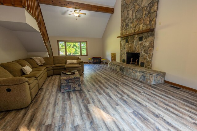 446 Jamestown Rd, Menlo, GA 30731 - living room with high vaulted ceiling, a fireplace, wood-type flooring, ceiling fan, and beam ceiling