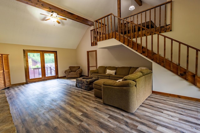 446 Jamestown Rd, Menlo, GA 30731 - living room featuring french doors, high vaulted ceiling, ceiling fan, beam ceiling, and hardwood / wood-style floors