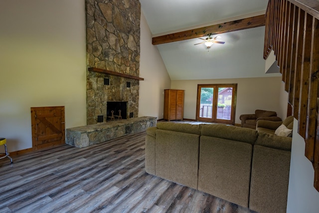 446 Jamestown Rd, Menlo, GA 30731 - living room featuring a stone fireplace, high vaulted ceiling, hardwood / wood-style flooring, ceiling fan, and beam ceiling