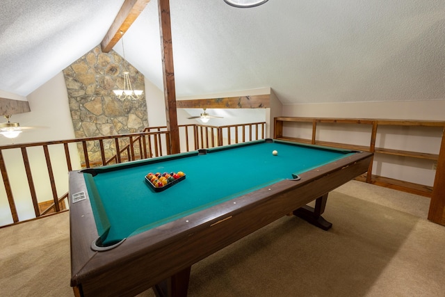 446 Jamestown Rd, Menlo, GA 30731 - recreation room featuring ceiling fan, carpet floors, a textured ceiling, and vaulted ceiling with beams
