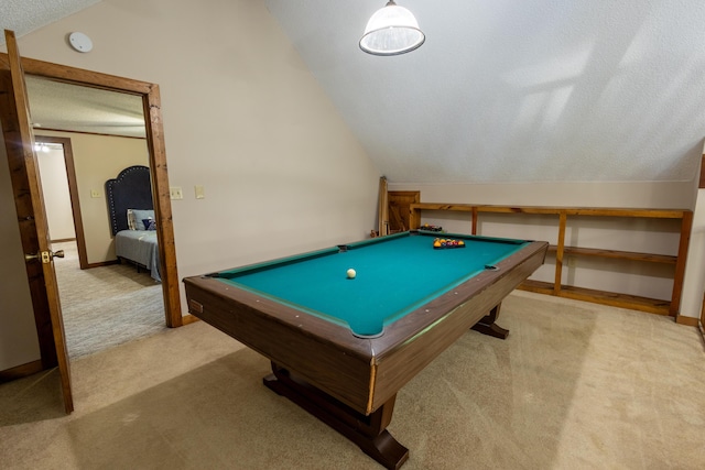 446 Jamestown Rd, Menlo, GA 30731 - recreation room with light carpet, pool table, lofted ceiling, and a textured ceiling
