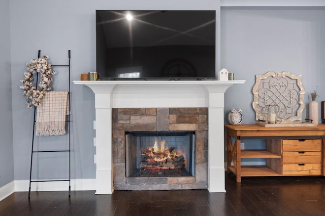 details featuring a lit fireplace, baseboards, and wood finished floors