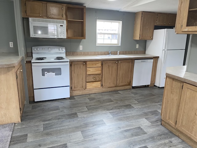 kitchen featuring sink, white appliances, and light hardwood / wood-style flooring