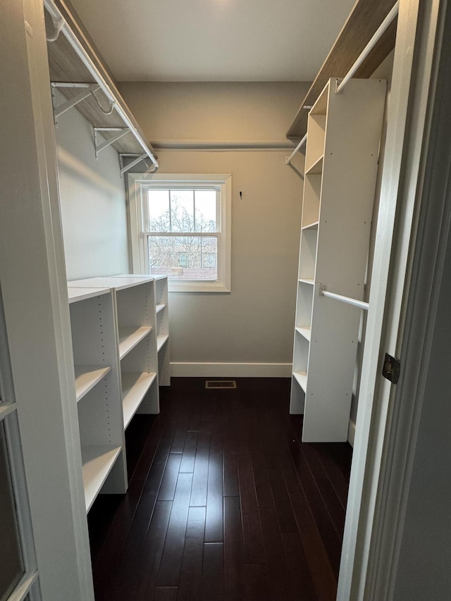 spacious closet featuring dark wood-type flooring