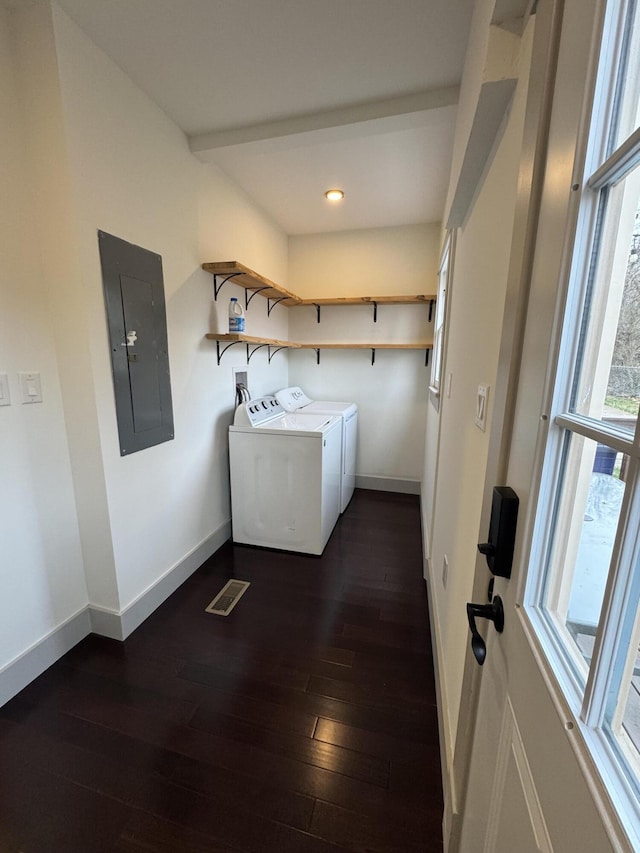 laundry area with dark hardwood / wood-style flooring, washer and clothes dryer, and electric panel