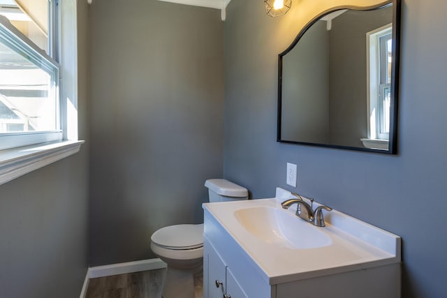 bathroom with vanity, hardwood / wood-style flooring, and toilet