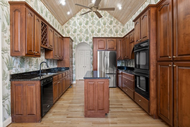 kitchen featuring wooden ceiling, a kitchen island, a sink, black appliances, and wallpapered walls