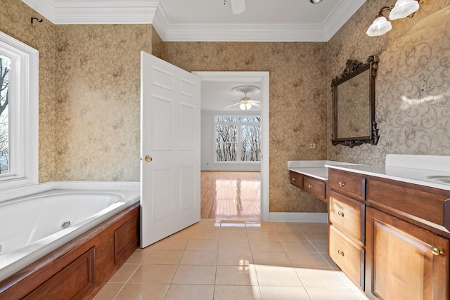 full bath with tile patterned floors, ceiling fan, and wallpapered walls