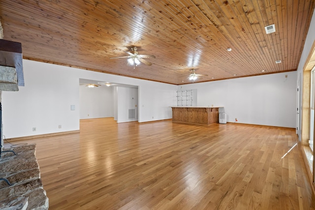 unfurnished living room featuring crown molding, visible vents, wood ceiling, ceiling fan, and light wood-type flooring