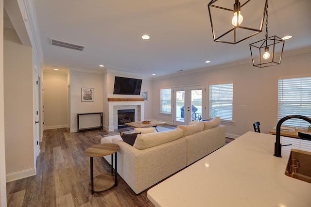 living room with sink, dark wood-type flooring, ornamental molding, and french doors