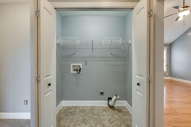 laundry area featuring ceiling fan, hookup for a washing machine, and electric dryer hookup