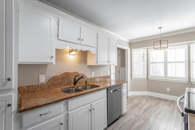 kitchen featuring ornamental molding, sink, stainless steel dishwasher, and white cabinets