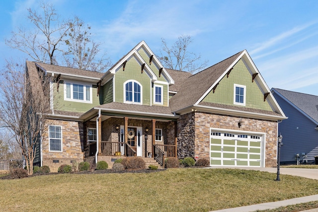 craftsman-style home with a porch and a front lawn