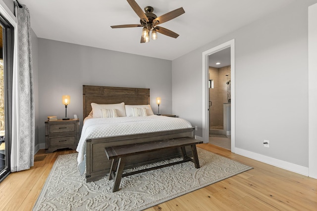 bedroom featuring ceiling fan, connected bathroom, and light hardwood / wood-style floors