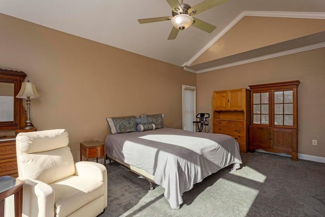 bedroom featuring vaulted ceiling, ornamental molding, carpet floors, and ceiling fan