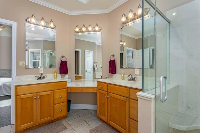 bathroom with tile patterned flooring, vanity, crown molding, and walk in shower