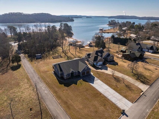 drone / aerial view with a water view